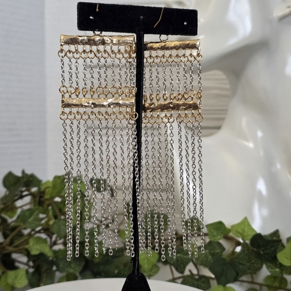 Statement Gold Silver Multi Chain Long Earrings - Picture 7 of 9